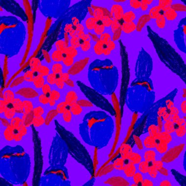 Balmumu pastel boyalarla çizilmiş soyut çiçekleri olan yaratıcı, pürüzsüz desen. Parlak renkli çiçek deseni.