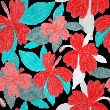 Balmumu pastel boyalarla çizilmiş soyut çiçekleri olan yaratıcı, pürüzsüz desen. Parlak renkli çiçek deseni.