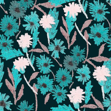 Balmumu pastel boyalarla çizilmiş soyut çiçekleri olan yaratıcı, pürüzsüz desen. Parlak renkli çiçek deseni.