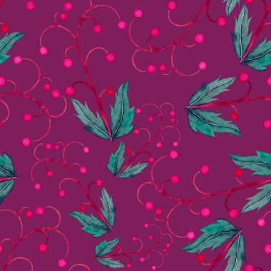 Vintage yapraklı suluboya desenli. Dekoratif tasarım için renkli yaprakları olan güzel bir botanik baskısı. Parlak bahar ya da yaz arkaplanı. Klasik düğün dekoru. Tekstil tasarımı.