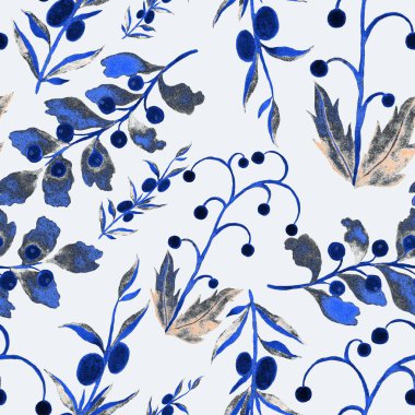 Vintage yapraklı suluboya desenli. Dekoratif tasarım için renkli yaprakları olan güzel bir botanik baskısı. Parlak bahar ya da yaz arkaplanı. Klasik düğün dekoru. Tekstil tasarımı.