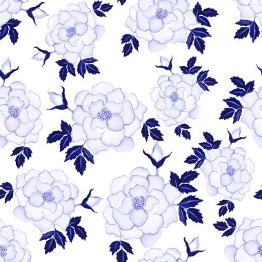 Çiçeklerle suluboya kusursuz desen. Klasik çiçek desenleri. Çiçeksiz desen. Botanik sanatı. Çiçek botanik koleksiyonu. Çiçek seti. Suluboya botanik tasarımı.