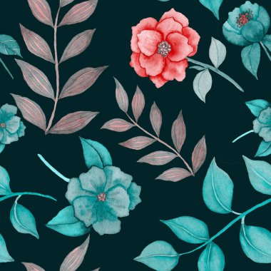 Çiçeklerle suluboya kusursuz desen. Klasik çiçek desenleri. Çiçeksiz desen. Botanik sanatı. Çiçek botanik koleksiyonu. Çiçek seti. Suluboya botanik tasarımı.
