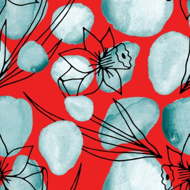 Çizgili sanat çiçekleri ve suluboya lekeleri olan yaratıcı kusursuz desen. Moda soyut modern vintage baskı.