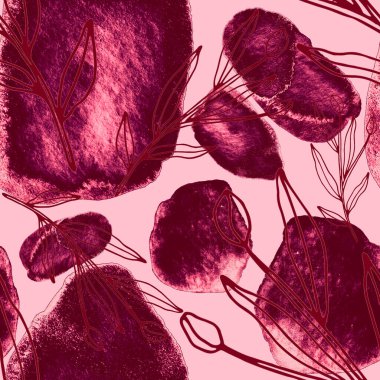 Çizgili sanat çiçekleri ve suluboya lekeleri olan yaratıcı kusursuz desen. Moda soyut modern vintage baskı.