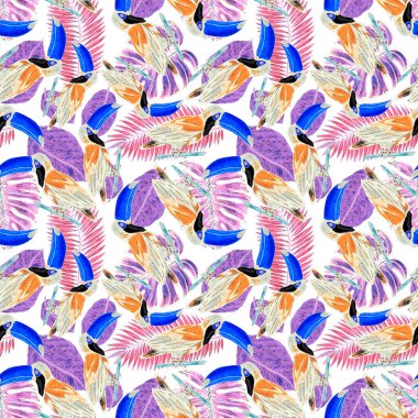 Tukanla dikişsiz suluboya desen. Tropik kuşlu ve yapraklı egzotik botanik orman duvar kağıdı. Parlak yaz şablonu geçmişi.