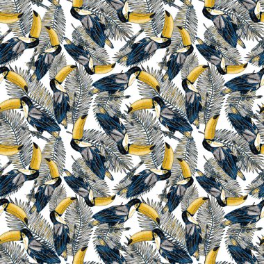 Tukanla dikişsiz suluboya desen. Tropik kuşlu ve yapraklı egzotik botanik orman duvar kağıdı. Parlak yaz şablonu geçmişi.