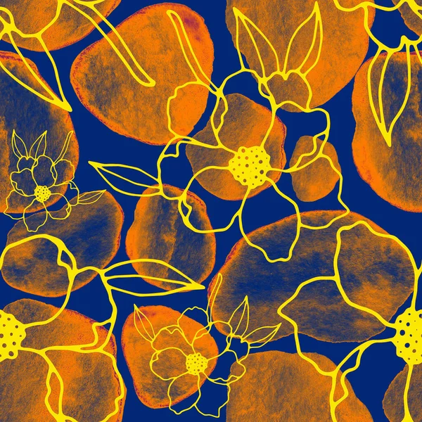 Padrão Sem Costura Criativo Com Flores Arte Linha Folhas Manchas — Fotografia de Stock