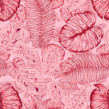 Tropikal yapraklarla suluboya kusursuz desen. Elle çizilmiş egzotik bitkilerle çok güzel bir iz. Mayo botanik tasarımı.