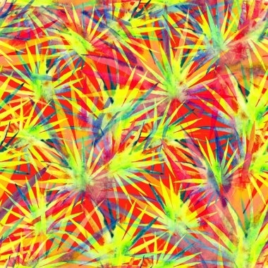 Renkli ve soyut tropikal yapraklı suluboya desenli. Egzotik bitkilerle dolu parlak yaz baskısı. Yaratıcı trend botanik tekstil tasarımı.