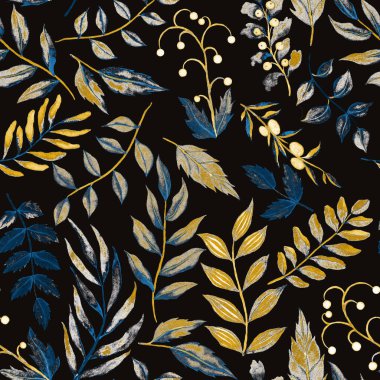 Vintage yapraklı suluboya desenli. Dekoratif tasarım için renkli yaprakları olan güzel bir botanik baskısı. Parlak bahar ya da yaz arkaplanı. Klasik düğün dekoru. Tekstil tasarımı.