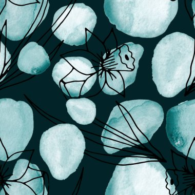 Çizgili sanat çiçekleri ve suluboya lekeleri olan yaratıcı kusursuz desen. Moda soyut modern vintage baskı.