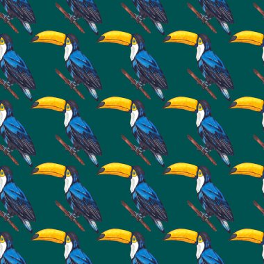 Tukanla dikişsiz suluboya desen. Tropik kuşlu ve yapraklı egzotik botanik orman duvar kağıdı. Parlak yaz şablonu geçmişi.