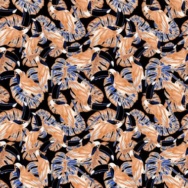 Tukanla dikişsiz suluboya desen. Tropik kuşlu ve yapraklı egzotik botanik orman duvar kağıdı. Parlak yaz şablonu geçmişi.