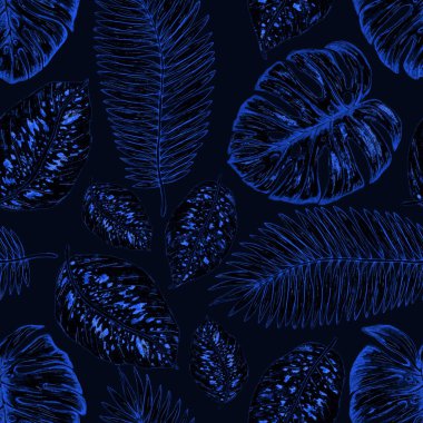 Tropikal yapraklarla suluboya kusursuz desen. Elle çizilmiş egzotik bitkilerle çok güzel bir iz. Mayo botanik tasarımı.