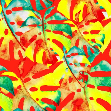 Renkli ve soyut tropikal yapraklı suluboya desenli. Egzotik bitkilerle dolu parlak yaz baskısı. Yaratıcı trend botanik tekstil tasarımı.