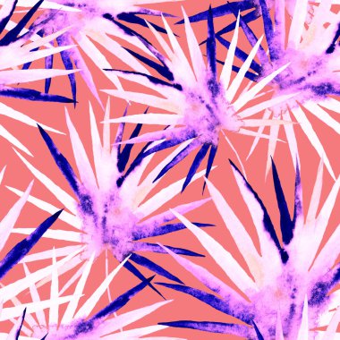 Renkli ve soyut tropikal yapraklı suluboya desenli. Egzotik bitkilerle dolu parlak yaz baskısı. Yaratıcı trend botanik tekstil tasarımı.