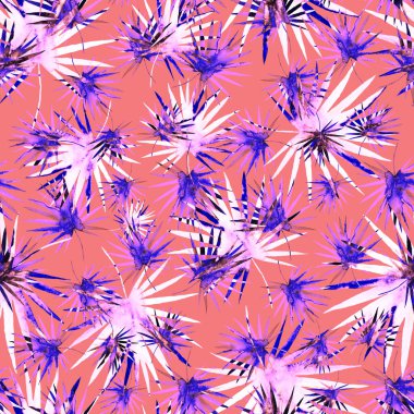 Renkli ve soyut tropikal yapraklı suluboya desenli. Egzotik bitkilerle dolu parlak yaz baskısı. Yaratıcı trend botanik tekstil tasarımı.