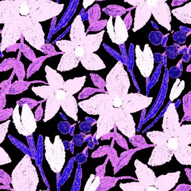 Balmumu pastel boyalarla çizilmiş soyut çiçekleri olan yaratıcı, pürüzsüz desen. Parlak renkli çiçek deseni.