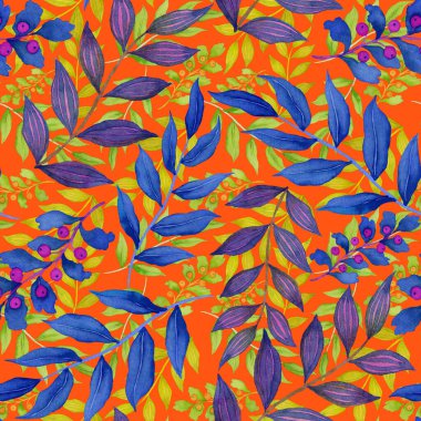 Vintage yapraklı suluboya desenli. Dekoratif tasarım için renkli yaprakları olan güzel bir botanik baskısı. Parlak bahar ya da yaz arkaplanı. Klasik düğün dekoru. Tekstil tasarımı.