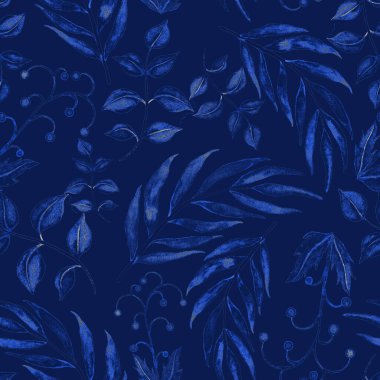 Vintage yapraklı suluboya desenli. Dekoratif tasarım için renkli yaprakları olan güzel bir botanik baskısı. Parlak bahar ya da yaz arkaplanı. Klasik düğün dekoru. Tekstil tasarımı.