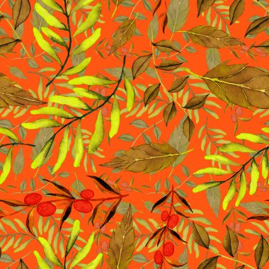 Vintage yapraklı suluboya desenli. Dekoratif tasarım için renkli yaprakları olan güzel bir botanik baskısı. Parlak bahar ya da yaz arkaplanı. Klasik düğün dekoru. Tekstil tasarımı.