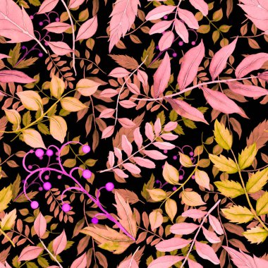 Vintage yapraklı suluboya desenli. Dekoratif tasarım için renkli yaprakları olan güzel bir botanik baskısı. Parlak bahar ya da yaz arkaplanı. Klasik düğün dekoru. Tekstil tasarımı.