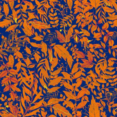 Vintage yapraklı suluboya desenli. Dekoratif tasarım için renkli yaprakları olan güzel bir botanik baskısı. Parlak bahar ya da yaz arkaplanı. Klasik düğün dekoru. Tekstil tasarımı.