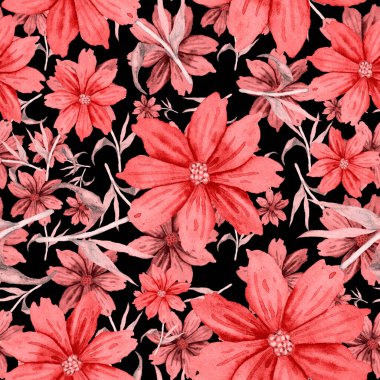 Çiçeklerle suluboya kusursuz desen. Klasik çiçek desenleri. Çiçeksiz desen. Botanik sanatı. Çiçek botanik koleksiyonu. Çiçek seti. Suluboya botanik tasarımı.