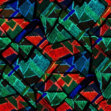 Renkli, soyut geometrik elementlerle yaratıcı, kusursuz desen. El yapımı doku. Grafik olarak soyut bir arkaplan. Çağdaş sanat. Moda modern tarzı.
