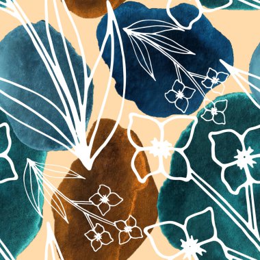 Çizgili sanat çiçekleri ve suluboya lekeleri olan yaratıcı kusursuz desen. Moda soyut modern vintage baskı.