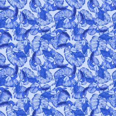 Tukanla dikişsiz suluboya desen. Tropik kuşlu ve yapraklı egzotik botanik orman duvar kağıdı. Parlak yaz şablonu geçmişi.