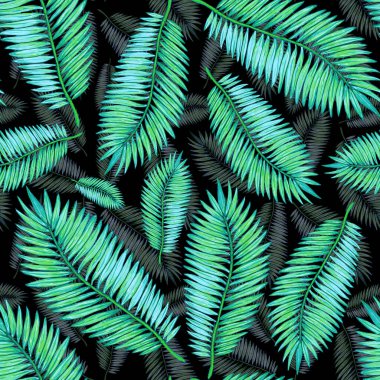 Tropikal yapraklarla suluboya kusursuz desen. Elle çizilmiş egzotik bitkilerle çok güzel bir iz. Mayo botanik tasarımı.