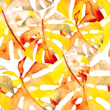 Renkli ve soyut tropikal yapraklı suluboya desenli. Egzotik bitkilerle dolu parlak yaz baskısı. Yaratıcı trend botanik tekstil tasarımı.