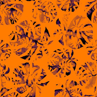 Renkli ve soyut tropikal yapraklı suluboya desenli. Egzotik bitkilerle dolu parlak yaz baskısı. Yaratıcı trend botanik tekstil tasarımı.