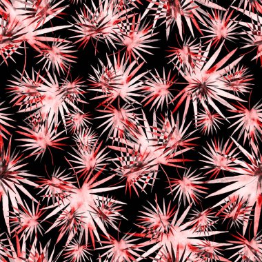 Renkli ve soyut tropikal yapraklı suluboya desenli. Egzotik bitkilerle dolu parlak yaz baskısı. Yaratıcı trend botanik tekstil tasarımı.