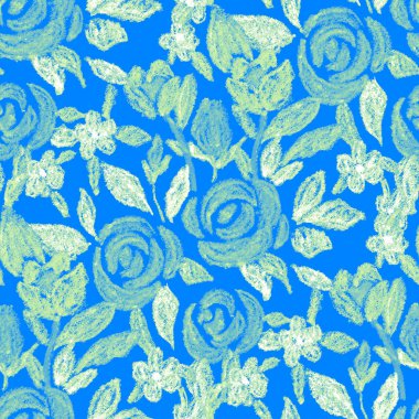 Balmumu pastel boyalarla çizilmiş soyut çiçekleri olan yaratıcı, pürüzsüz desen. Parlak renkli çiçek deseni.