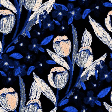 Balmumu pastel boyalarla çizilmiş soyut çiçekleri olan yaratıcı, pürüzsüz desen. Parlak renkli çiçek deseni.