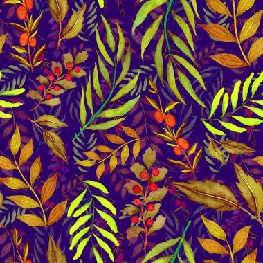 Vintage yapraklı suluboya desenli. Dekoratif tasarım için renkli yaprakları olan güzel bir botanik baskısı. Parlak bahar ya da yaz arkaplanı. Klasik düğün dekoru. Tekstil tasarımı.