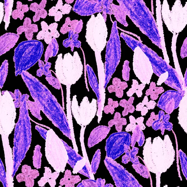 Kreatywny Bezszwowy Wzór Abstrakcyjnymi Kwiatami Rysowanymi Kredkami Woskowymi Jasne Kolorowe — Zdjęcie stockowe