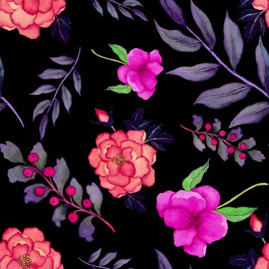 Çiçeklerle suluboya kusursuz desen. Klasik çiçek desenleri. Çiçeksiz desen. Botanik sanatı. Çiçek botanik koleksiyonu. Çiçek seti. Suluboya botanik tasarımı.