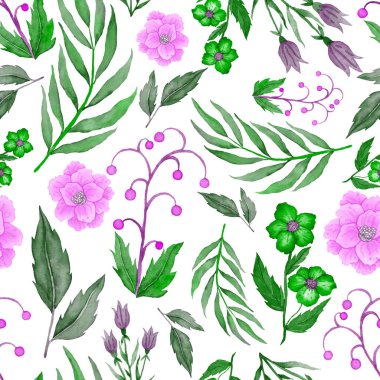 Çiçeklerle suluboya kusursuz desen. Klasik çiçek desenleri. Çiçeksiz desen. Botanik sanatı. Çiçek botanik koleksiyonu. Çiçek seti. Suluboya botanik tasarımı.