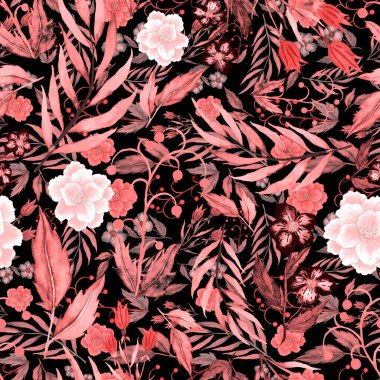 Çiçeklerle suluboya kusursuz desen. Klasik çiçek desenleri. Çiçeksiz desen. Botanik sanatı. Çiçek botanik koleksiyonu. Çiçek seti. Suluboya botanik tasarımı.