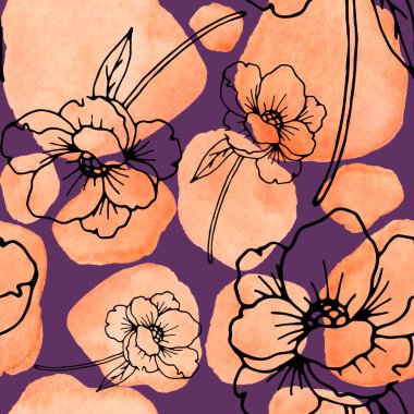 Çizgili sanat çiçekleri ve suluboya lekeleri olan yaratıcı kusursuz desen. Moda soyut modern vintage baskı.