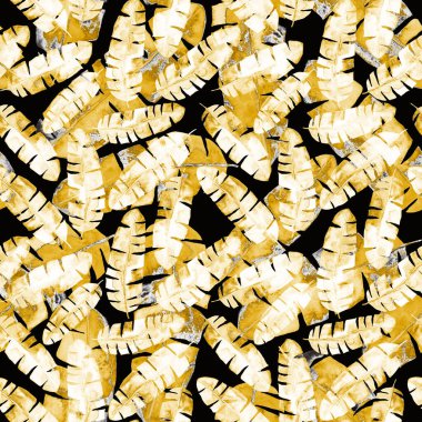 Renkli ve soyut tropikal yapraklı suluboya desenli. Egzotik bitkilerle dolu parlak yaz baskısı. Yaratıcı trend botanik tekstil tasarımı.