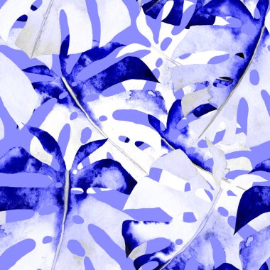 Renkli ve soyut tropikal yapraklı suluboya desenli. Egzotik bitkilerle dolu parlak yaz baskısı. Yaratıcı trend botanik tekstil tasarımı.