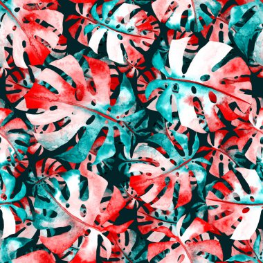 Renkli ve soyut tropikal yapraklı suluboya desenli. Egzotik bitkilerle dolu parlak yaz baskısı. Yaratıcı trend botanik tekstil tasarımı.