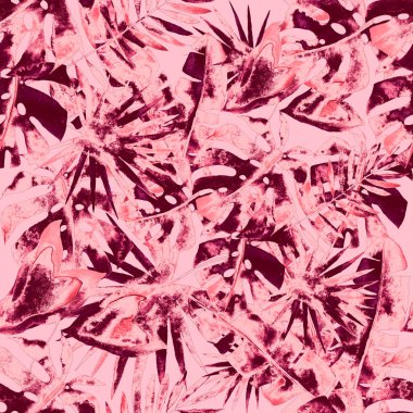 Renkli ve soyut tropikal yapraklı suluboya desenli. Egzotik bitkilerle dolu parlak yaz baskısı. Yaratıcı trend botanik tekstil tasarımı.