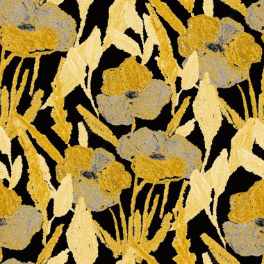 Balmumu pastel boyalarla çizilmiş soyut çiçekleri olan yaratıcı, pürüzsüz desen. Parlak renkli çiçek deseni.