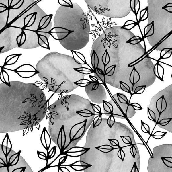 Padrão Sem Costura Criativo Com Flores Arte Linha Folhas Manchas — Fotografia de Stock